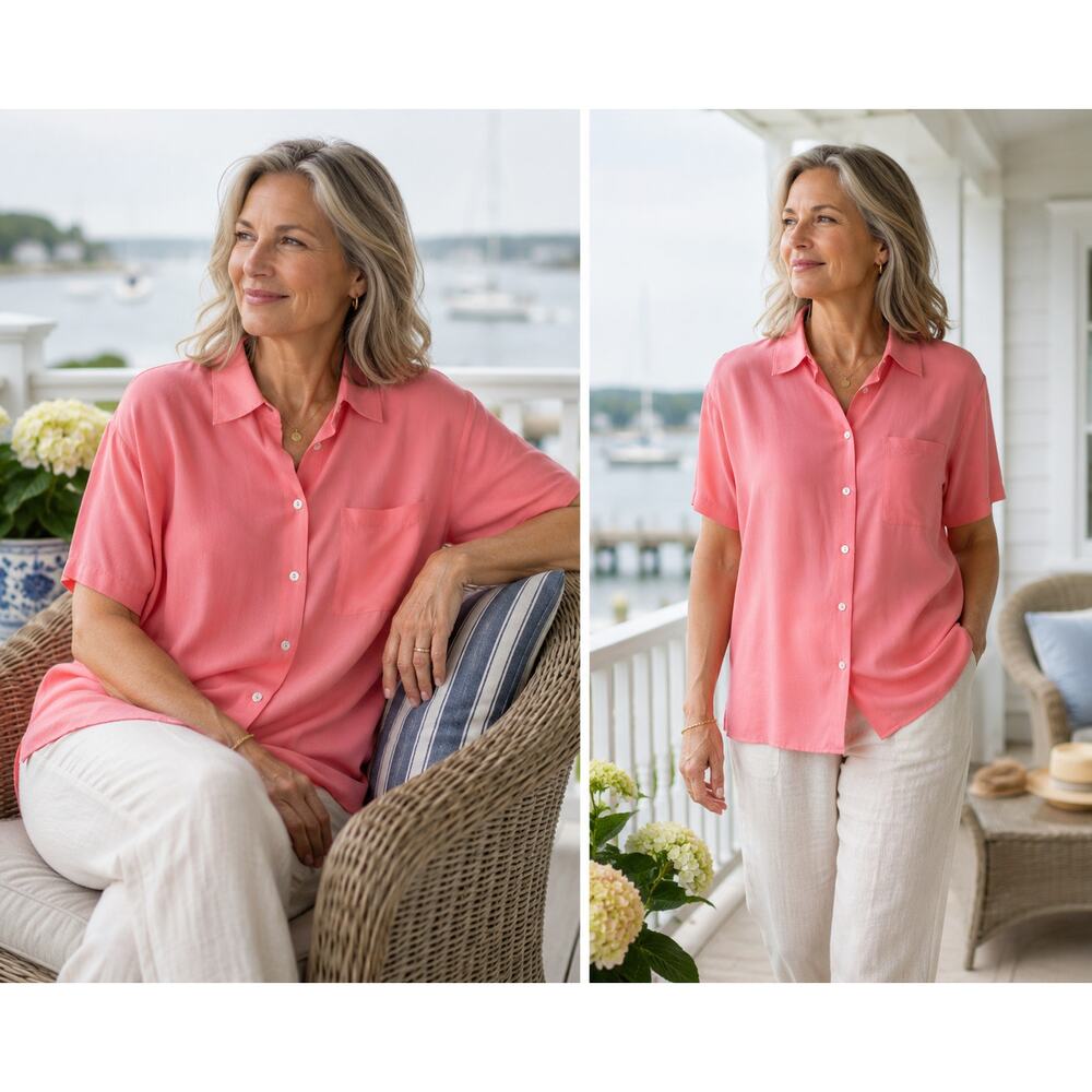 Nexx 100% Silk Pink Button Front Blouse Women's 1X Coastal Grandma Short Sleeve